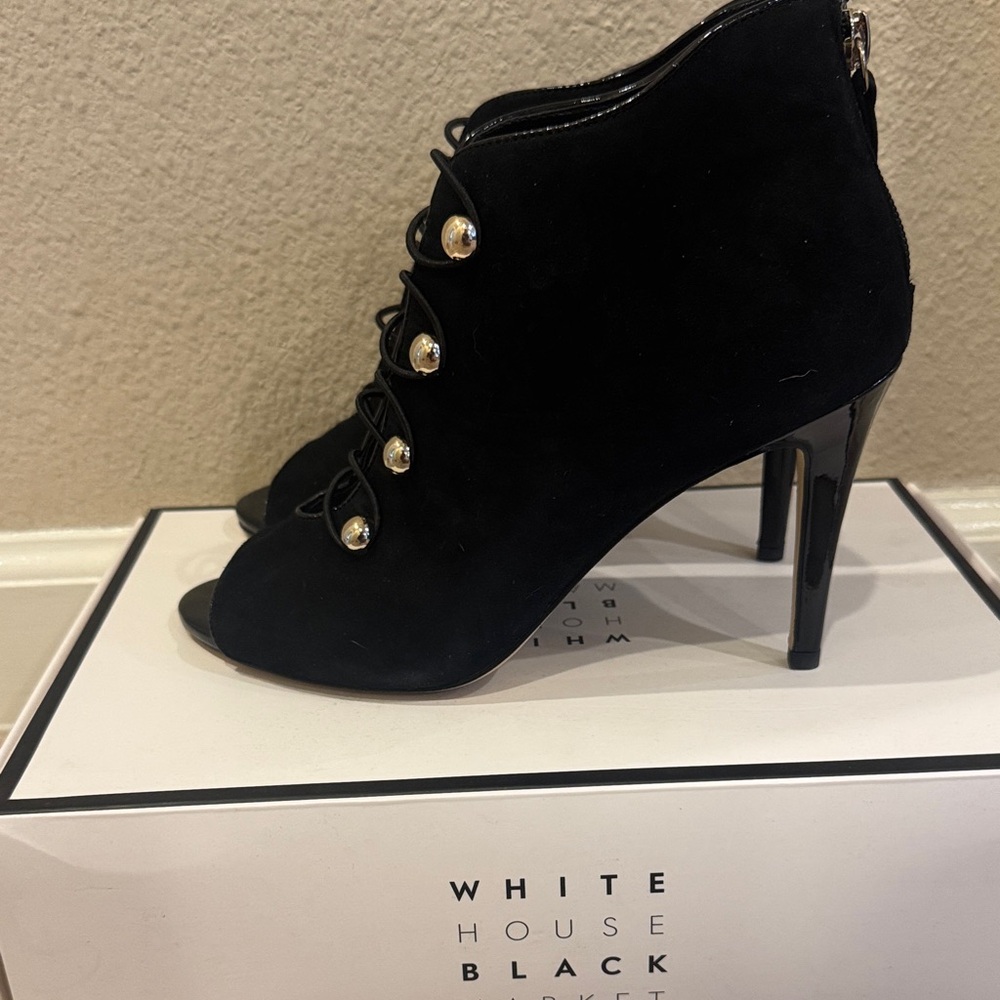 White House Black Market Black Peep-Toe Heeled Boots Size 7.5